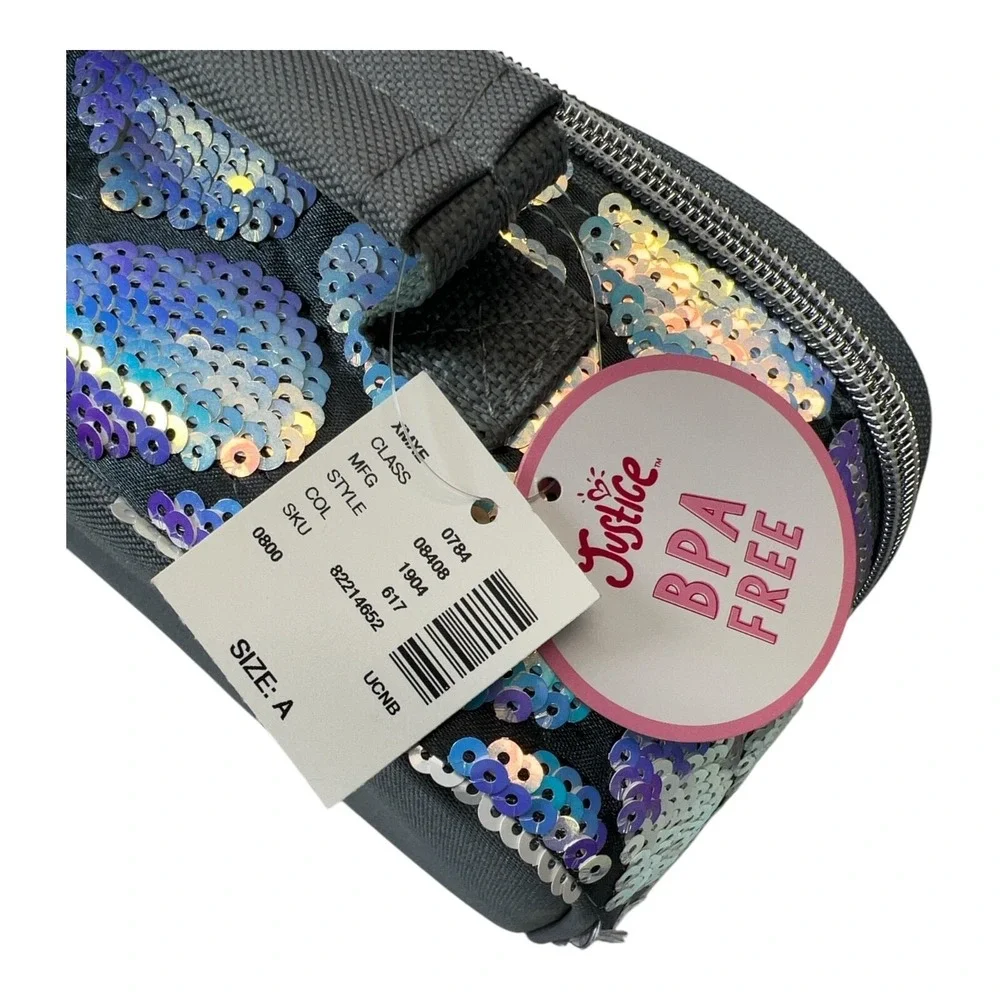Justice Initial A Sequin Lunch Box Gray‎ Blue Iridescent New